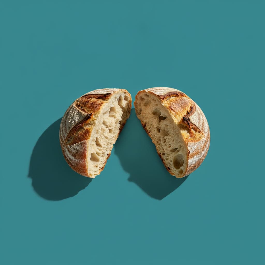 A rustic loaf torn in half on a cyan background