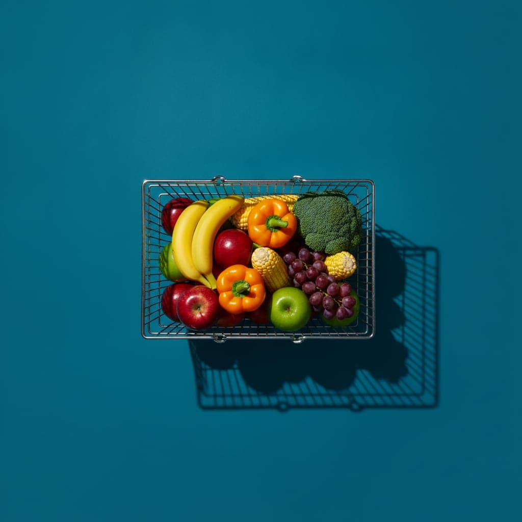 A wire basket of fresh vegetables on a teal background