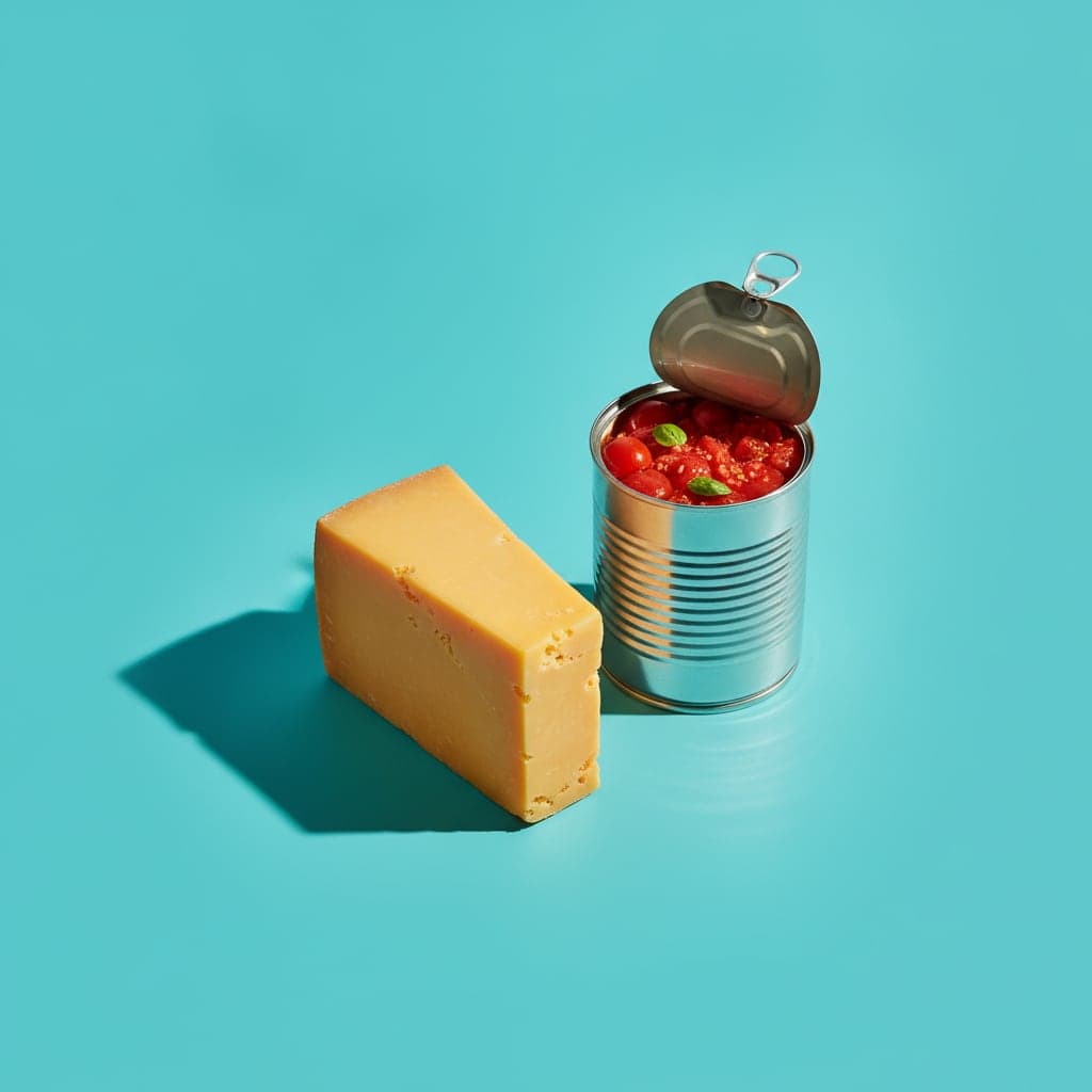 A wedge of cheddar, a torn loaf and an open tin of tomatoes on a cyan background