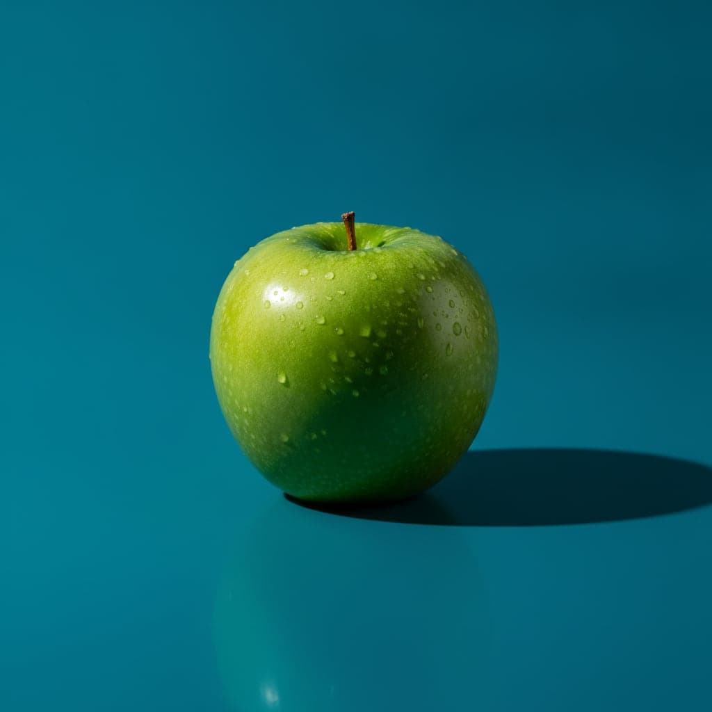 Blueberries, a green apple, broccoli and lentils on a deep teal background