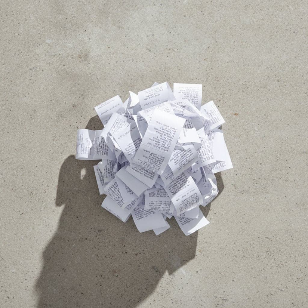 A loose pile of crumpled supermarket receipts on a worktop